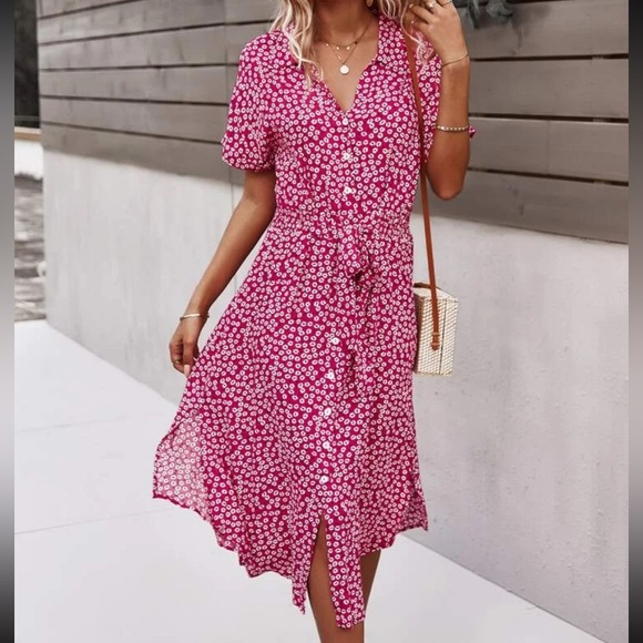 SHEIN Ditsy Floral Button Front Red White Midi Short Sleeve Dress Size Small - Picture 1 of 8